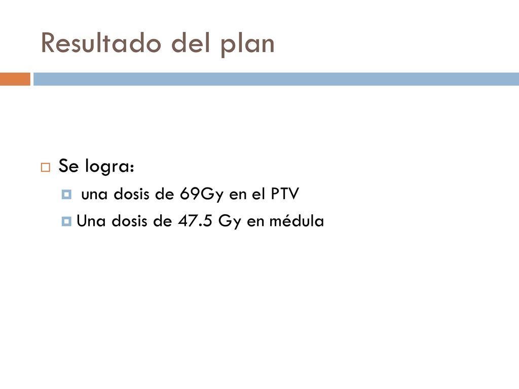 Resultado del plan Se logra: una dosis de 69Gy en el PTV