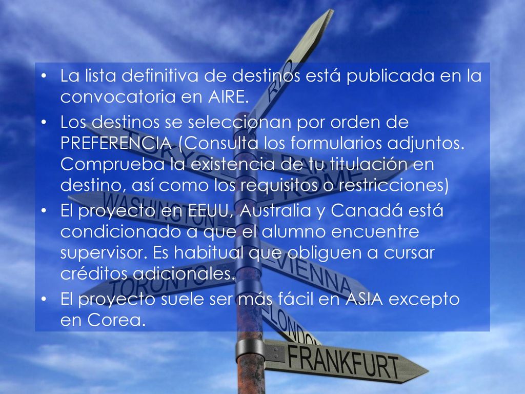 La lista definitiva de destinos está publicada en la convocatoria en AIRE.