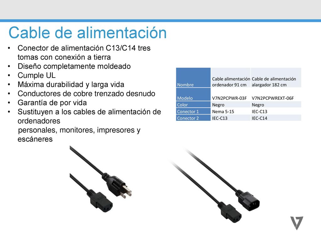 Cable de alimentación Conector de alimentación C13/C14 tres tomas con conexión a tierra. Diseño completamente moldeado.