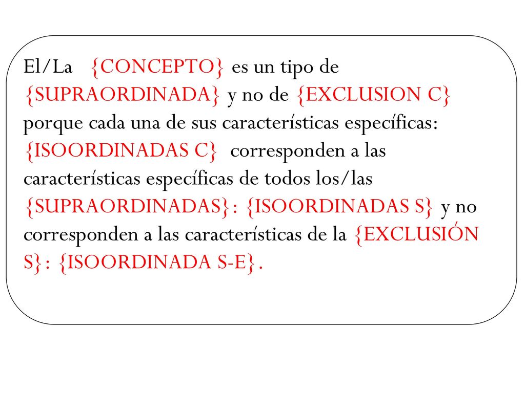 El/La {CONCEPTO} es un tipo de {SUPRAORDINADA} y no de {EXCLUSION C} porque cada una de sus características específicas: {ISOORDINADAS C} corresponden a las características específicas de todos los/las {SUPRAORDINADAS}: {ISOORDINADAS S} y no corresponden a las características de la {EXCLUSIÓN S}: {ISOORDINADA S-E}.