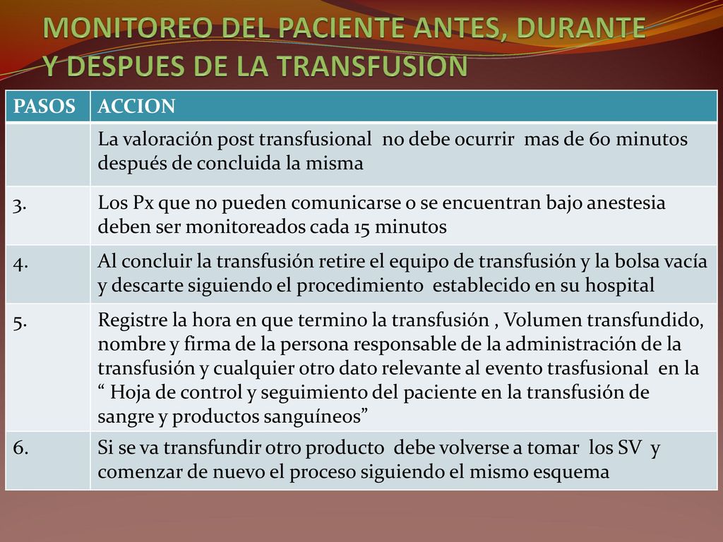 MONITOREO DEL PACIENTE ANTES, DURANTE Y DESPUES DE LA TRANSFUSION