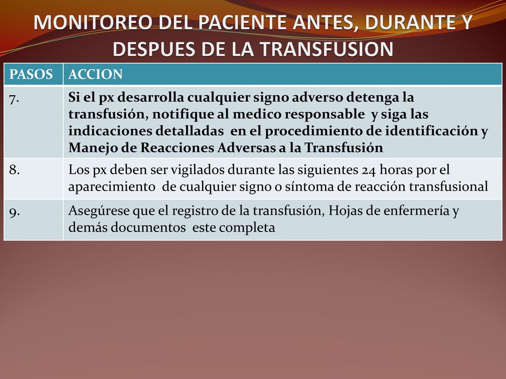 MONITOREO DEL PACIENTE ANTES, DURANTE Y DESPUES DE LA TRANSFUSION