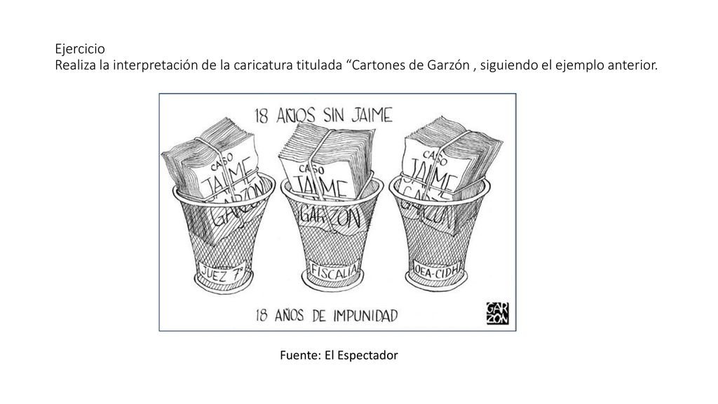 Ejercicio Realiza la interpretación de la caricatura titulada Cartones de Garzón , siguiendo el ejemplo anterior.