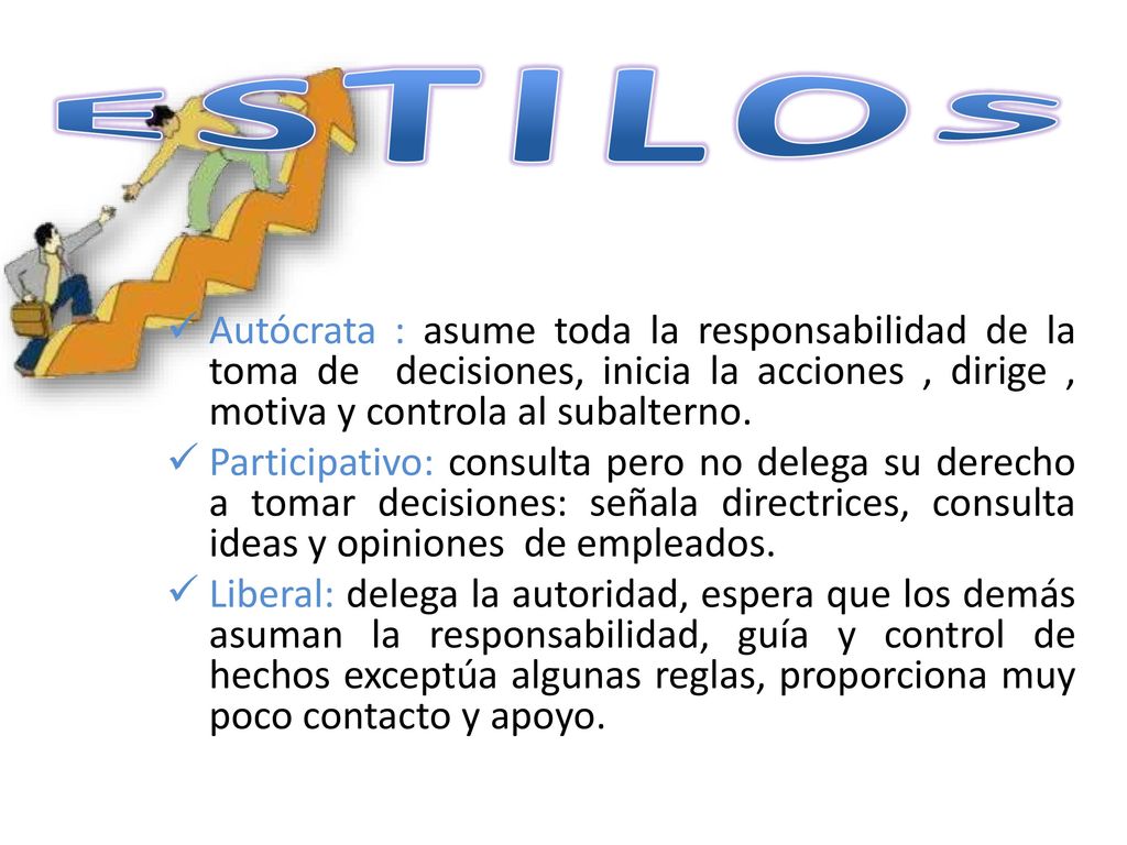 ESTILOS Autócrata : asume toda la responsabilidad de la toma de decisiones, inicia la acciones , dirige , motiva y controla al subalterno.