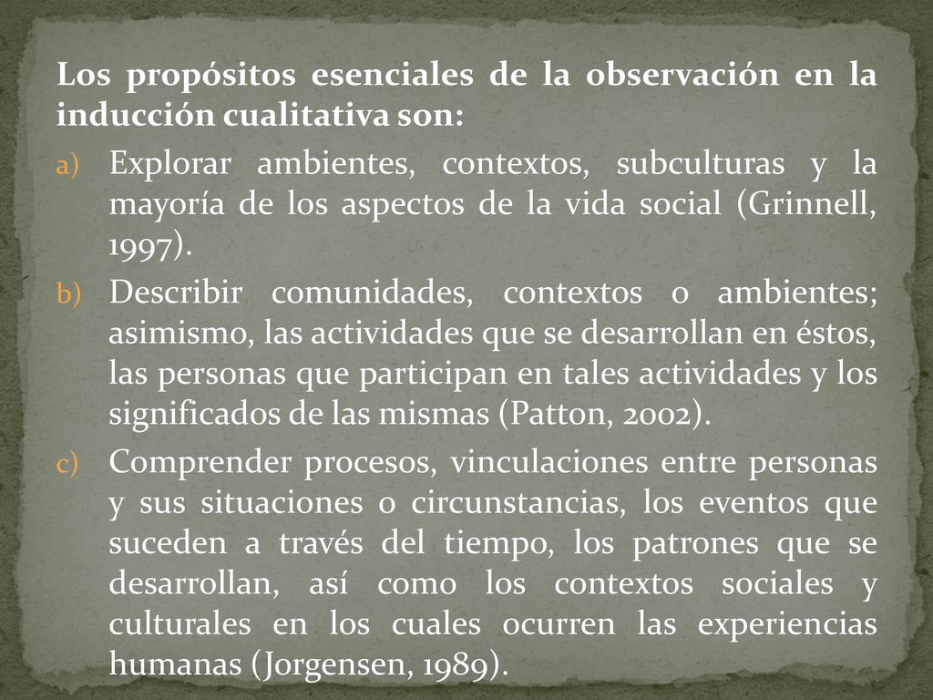 Los propósitos esenciales de la observación en la inducción cualitativa son: