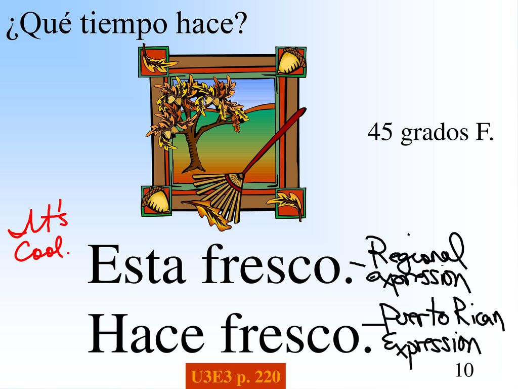 ¿Qué tiempo hace 45 grados F. Esta fresco. Hace fresco. U3E3 p. 220