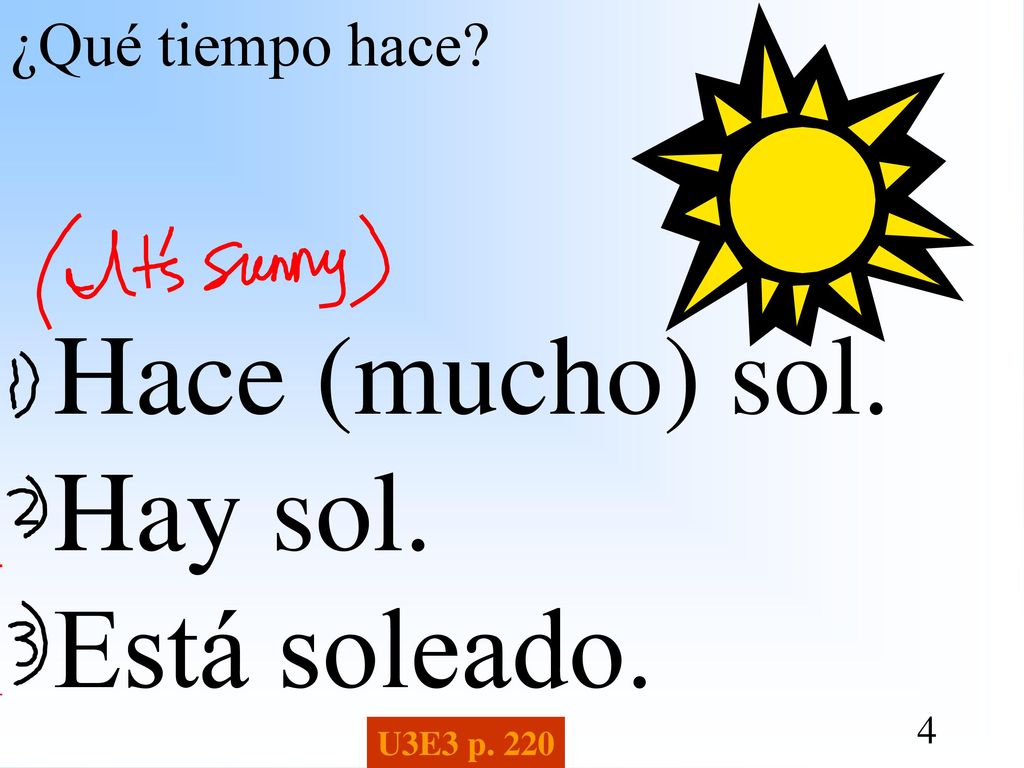 ¿Qué tiempo hace Hace (mucho) sol. Hay sol. Está soleado. U3E3 p. 220