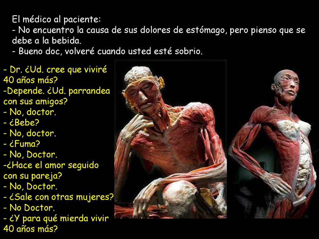 El médico al paciente: No encuentro la causa de sus dolores de estómago, pero pienso que se debe a la bebida.