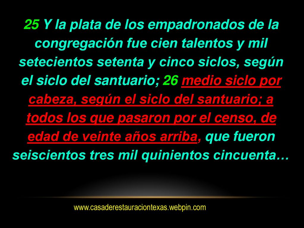 25 Y la plata de los empadronados de la congregación fue cien talentos y mil setecientos setenta y cinco siclos, según el siclo del santuario; 26 medio siclo por cabeza, según el siclo del santuario; a todos los que pasaron por el censo, de edad de veinte años arriba, que fueron seiscientos tres mil quinientos cincuenta…