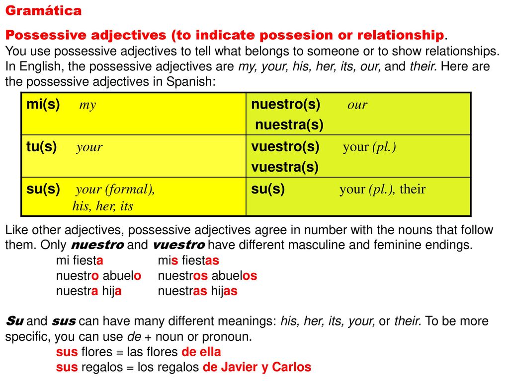 mi(s) my nuestro(s) our nuestra(s) tu(s) your vuestro(s) your (pl.)