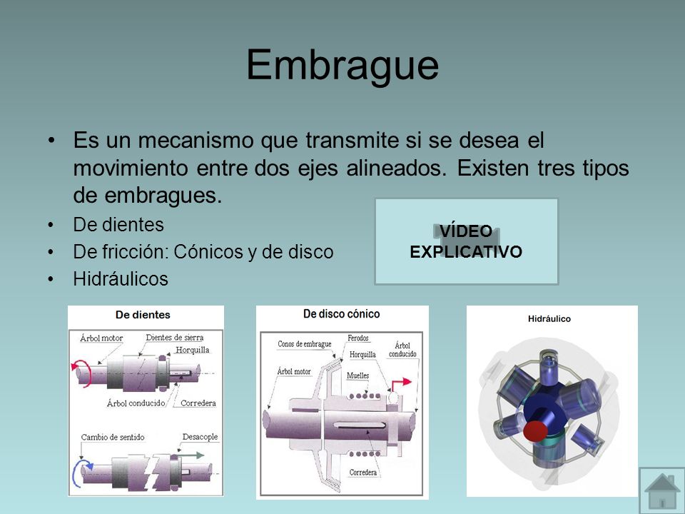 Embrague Es un mecanismo que transmite si se desea el movimiento entre dos ejes alineados. Existen tres tipos de embragues.