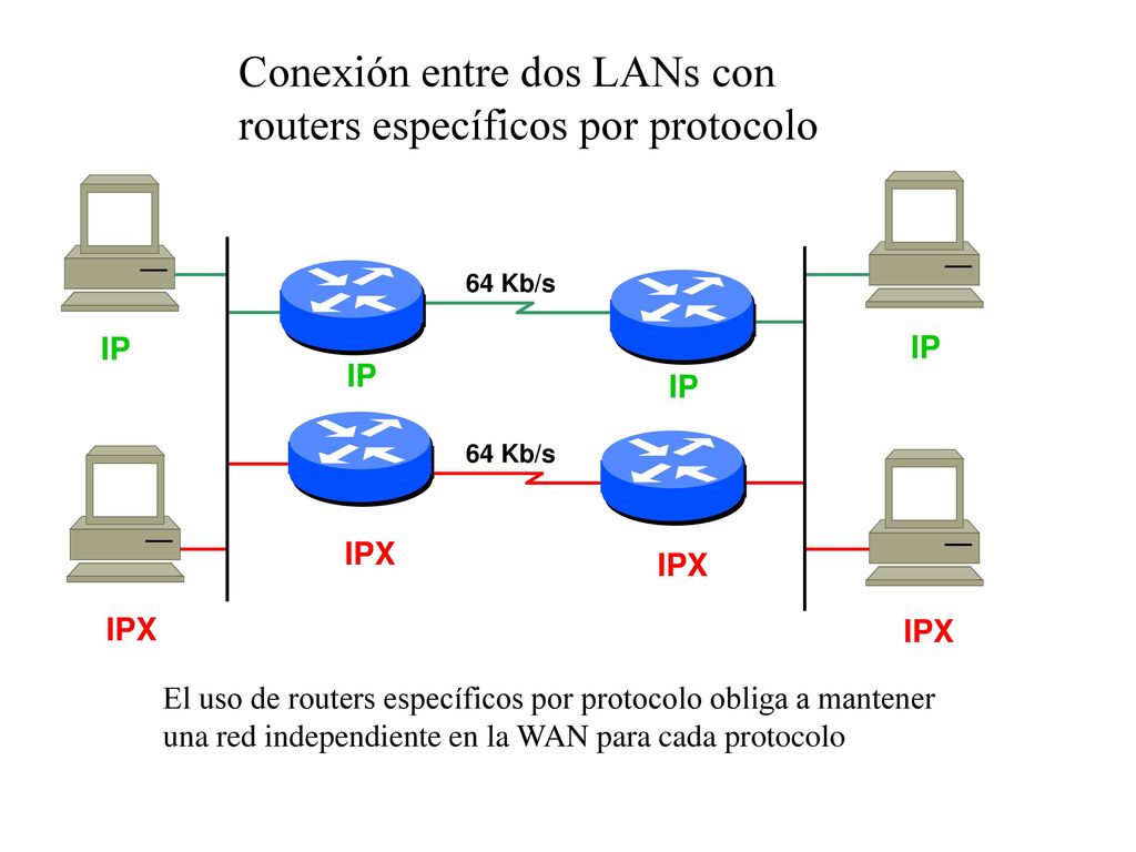 Conexión entre dos LANs con routers específicos por protocolo