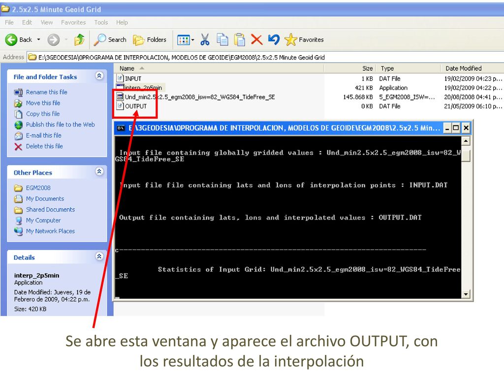 Se abre esta ventana y aparece el archivo OUTPUT, con los resultados de la interpolación