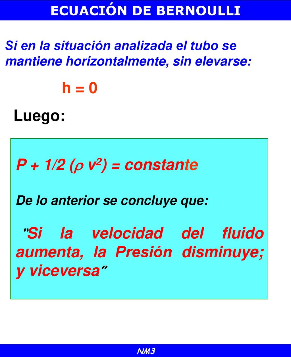 Luego: P + 1/2 ( v2) = constante ECUACIÓN DE BERNOULLI