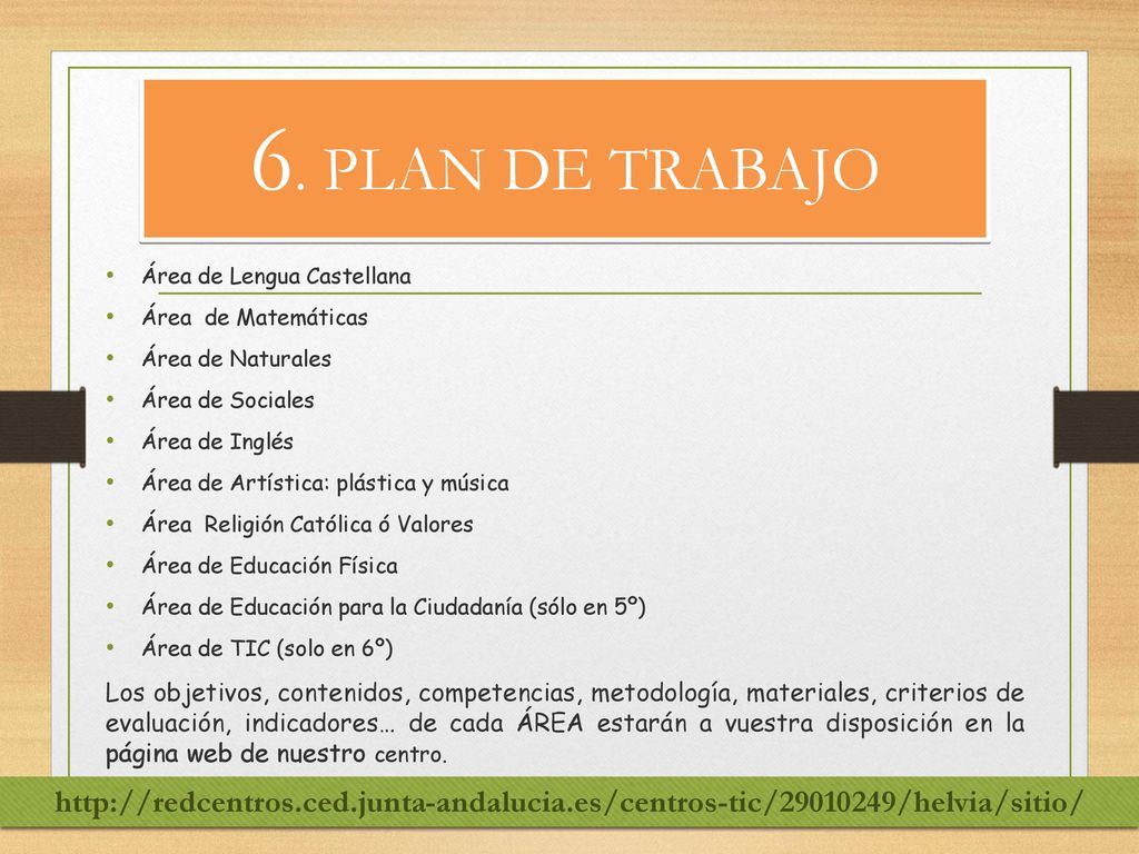 6. PLAN DE TRABAJO Área de Lengua Castellana. Área de Matemáticas. Área de Naturales. Área de Sociales.