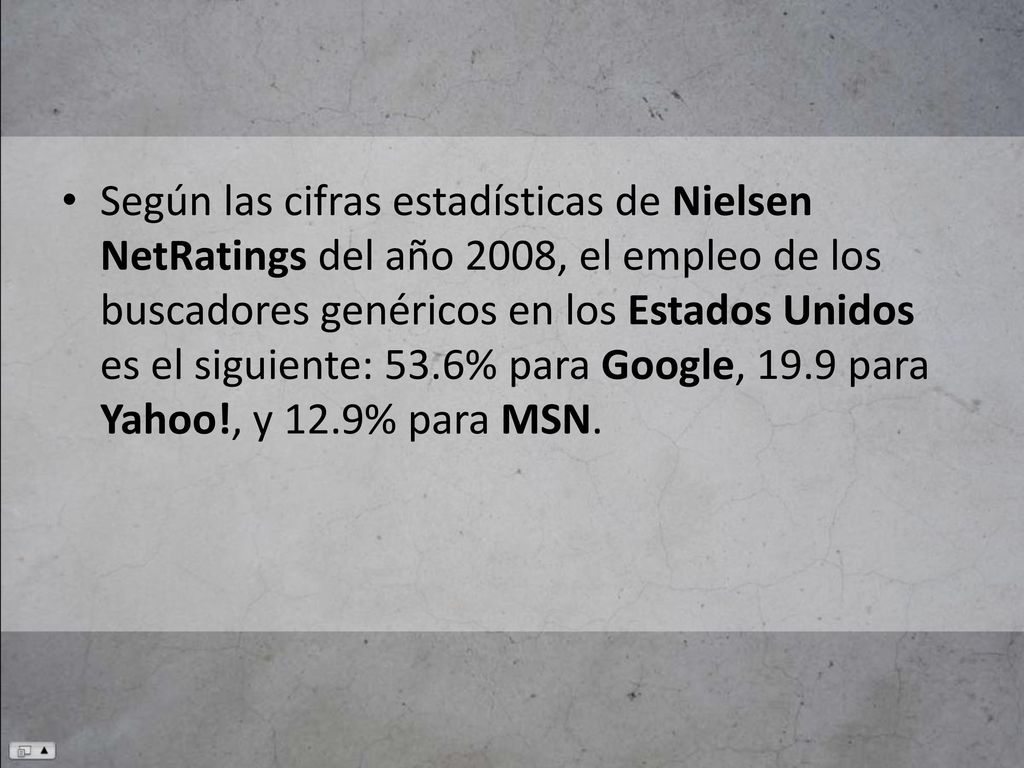 Según las cifras estadísticas de Nielsen NetRatings del año 2008, el empleo de los buscadores genéricos en los Estados Unidos es el siguiente: 53.6% para Google, 19.9 para Yahoo!, y 12.9% para MSN.