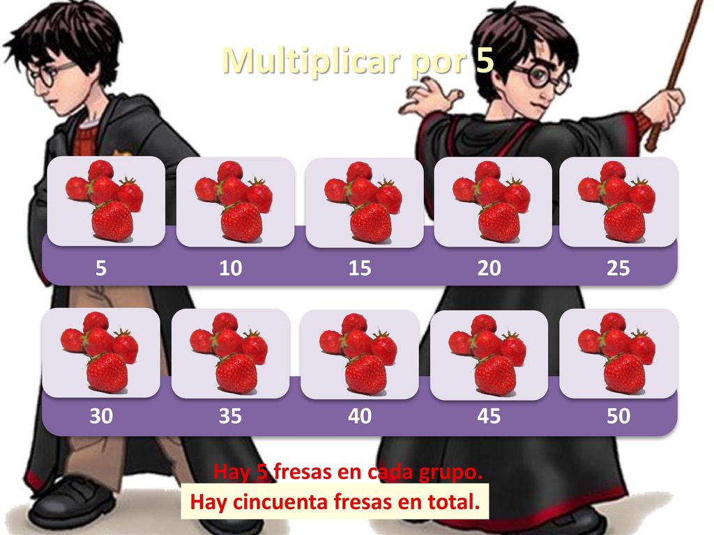 Hay 5 fresas en cada grupo. Hay cincuenta fresas en total.