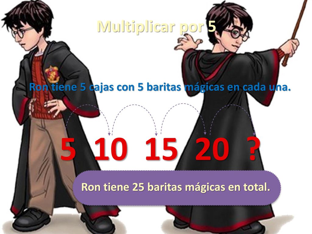 Multiplicar por 5 Ron tiene 5 cajas con 5 baritas mágicas en cada una.