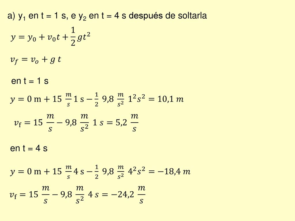 y1 en t = 1 s, e y2 en t = 4 s después de soltarla