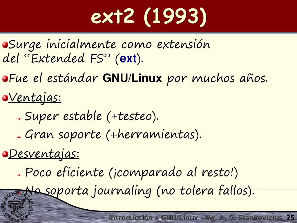 ext2 (1993) Surge inicialmente como extensión del Extended FS (ext).
