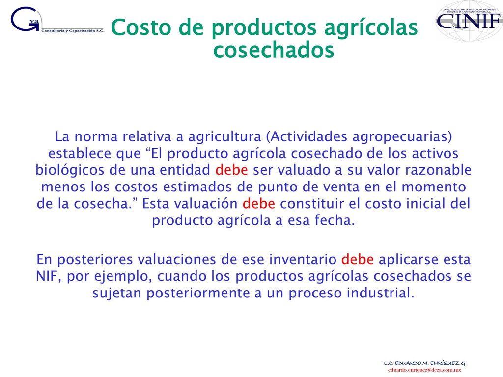 Costo de productos agrícolas cosechados