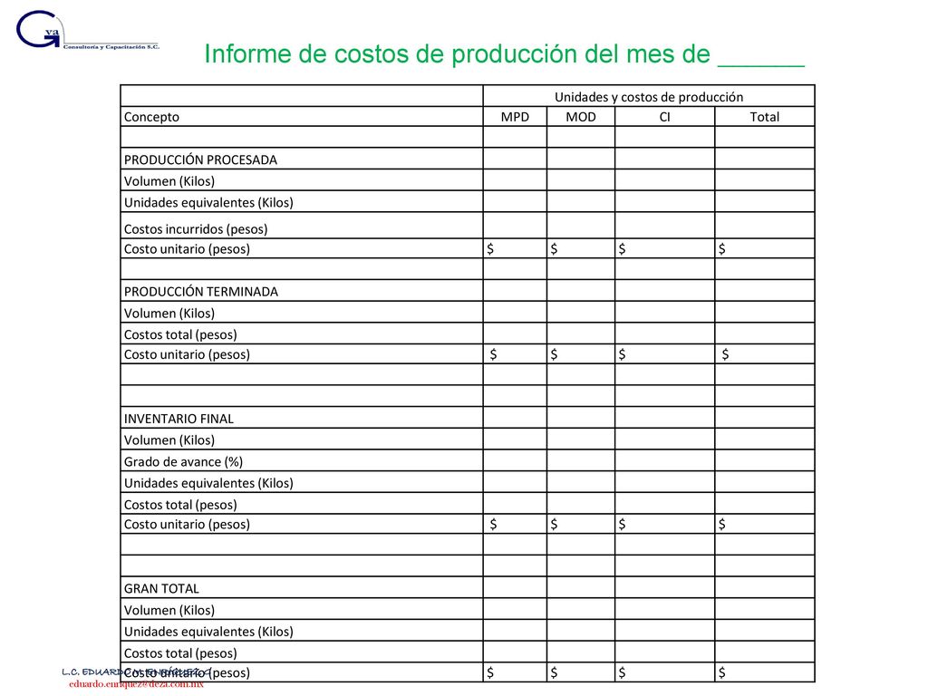 Informe de costos de producción del mes de ______