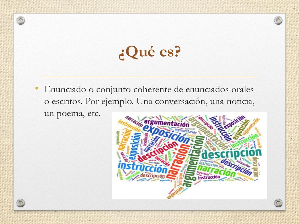 ¿Qué es. Enunciado o conjunto coherente de enunciados orales o escritos.