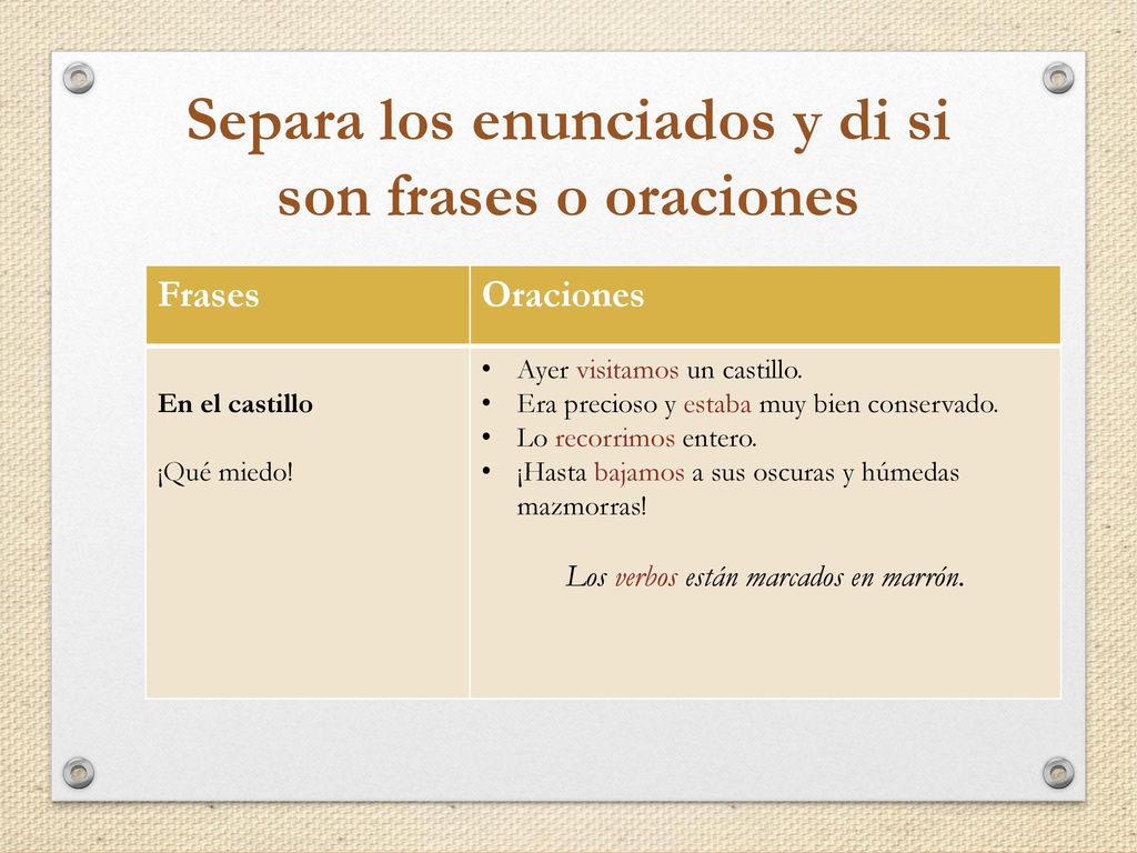 Separa los enunciados y di si son frases o oraciones