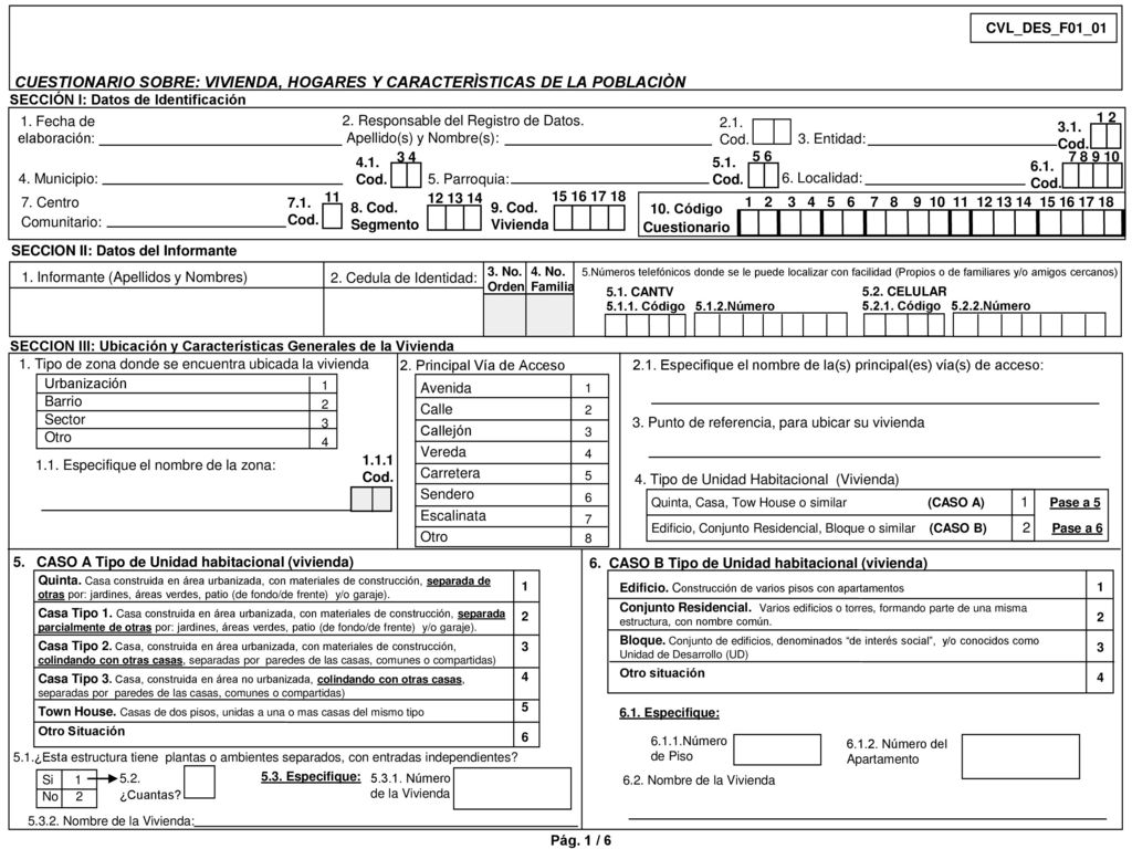 CVL_DES_F01_01 CUESTIONARIO SOBRE: VIVIENDA, HOGARES Y CARACTERÌSTICAS DE LA POBLACIÒN. SECCIÓN I: Datos de Identificación.