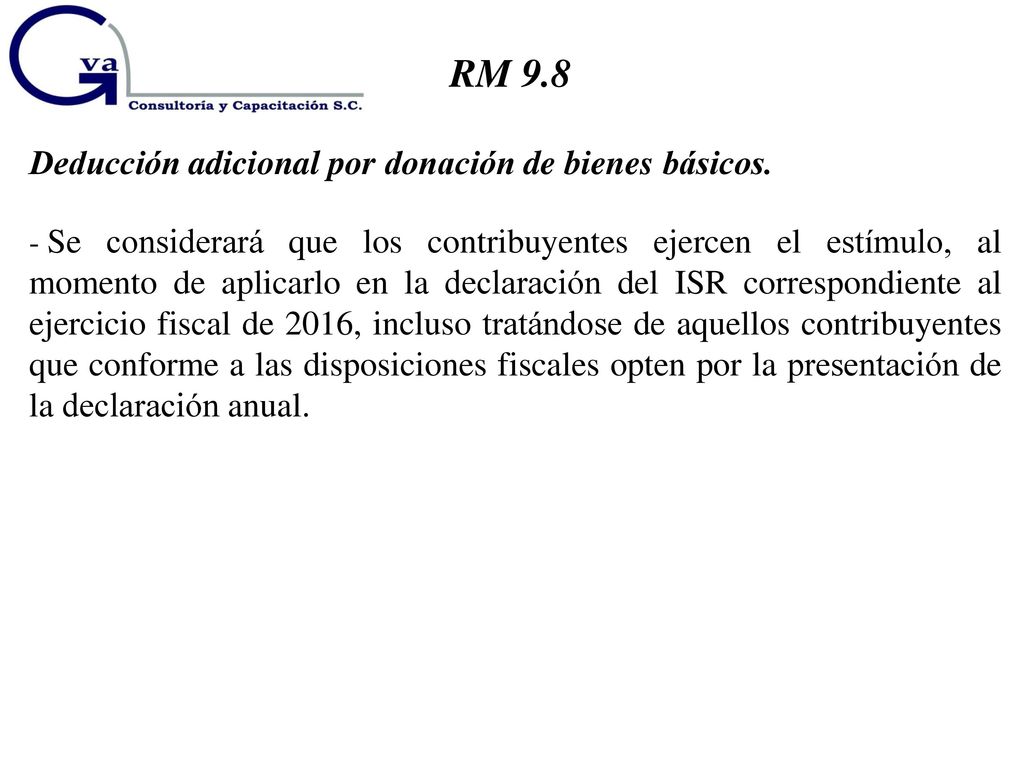 RM 9.8 Deducción adicional por donación de bienes básicos.