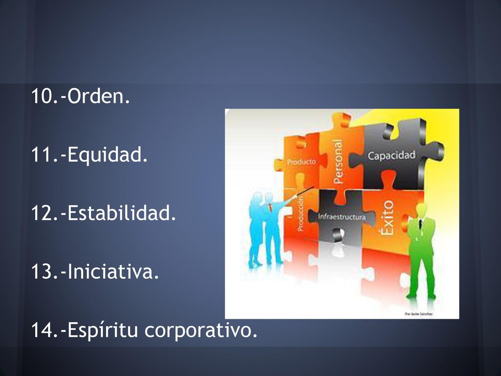 10.-Orden. 11.-Equidad. 12.-Estabilidad. 13.-Iniciativa. 14.-Espíritu corporativo.