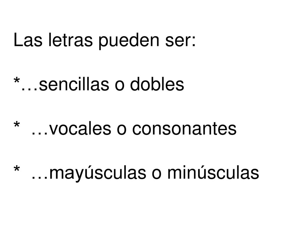 Las letras pueden ser:. …sencillas o dobles. …vocales o consonantes