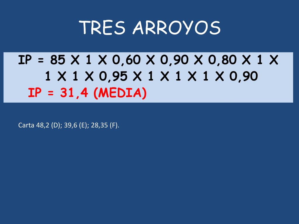 TRES ARROYOS IP = 85 X 1 X 0,60 X 0,90 X 0,80 X 1 X 1 X 1 X 0,95 X 1 X 1 X 1 X 0,90 IP = 31,4 (MEDIA)