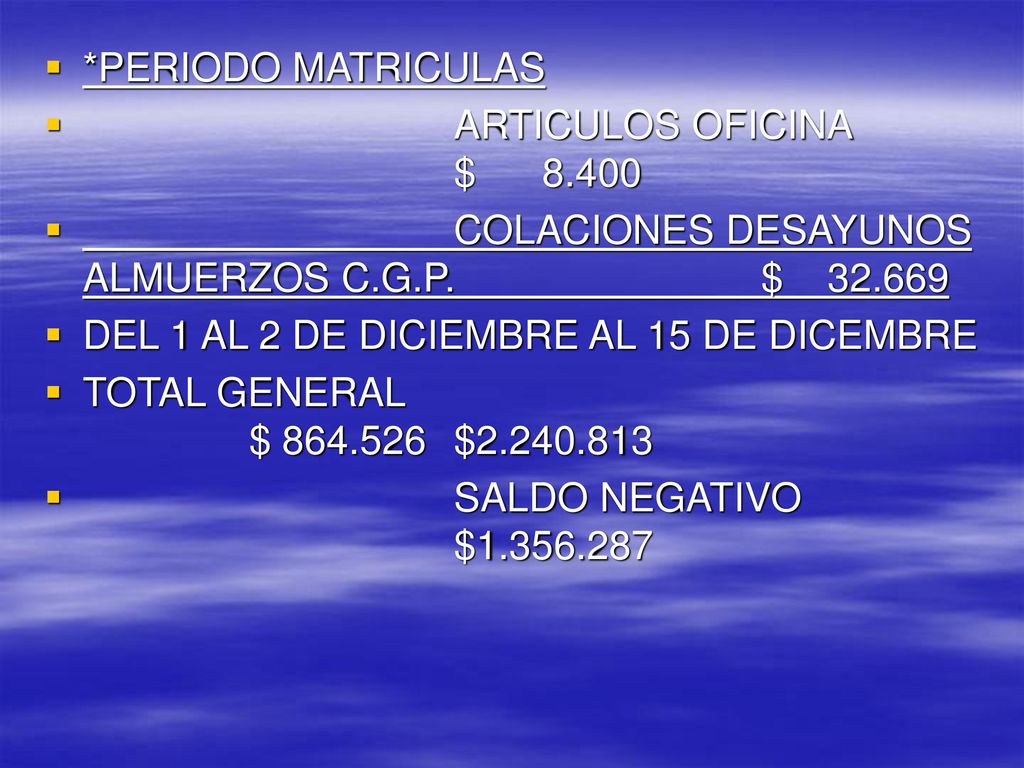 *PERIODO MATRICULAS ARTICULOS OFICINA $ COLACIONES DESAYUNOS ALMUERZOS C.G.P. $