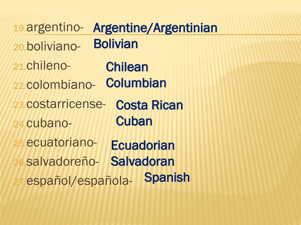 argentino- boliviano- chileno- colombiano- costarricense- cubano- ecuatoriano- salvadoreño- español/española-