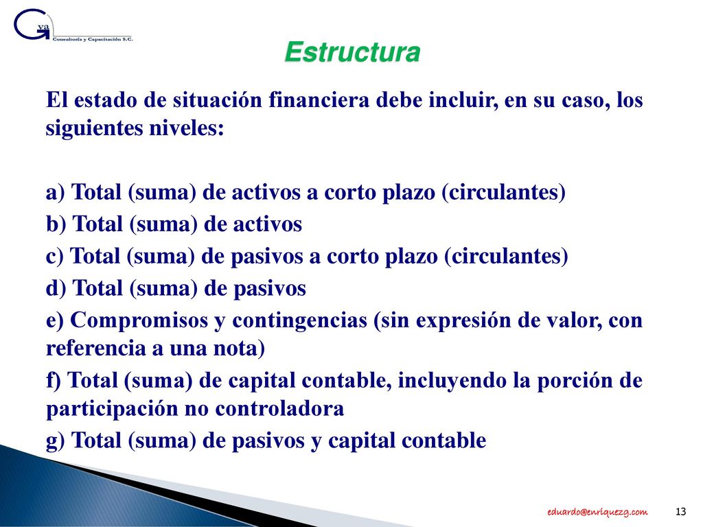Estructura El estado de situación financiera debe incluir, en su caso, los siguientes niveles: