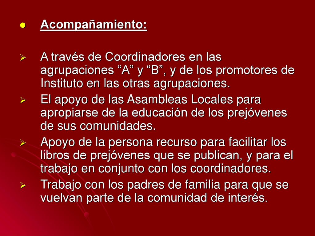 Acompañamiento: A través de Coordinadores en las agrupaciones A y B , y de los promotores de Instituto en las otras agrupaciones.