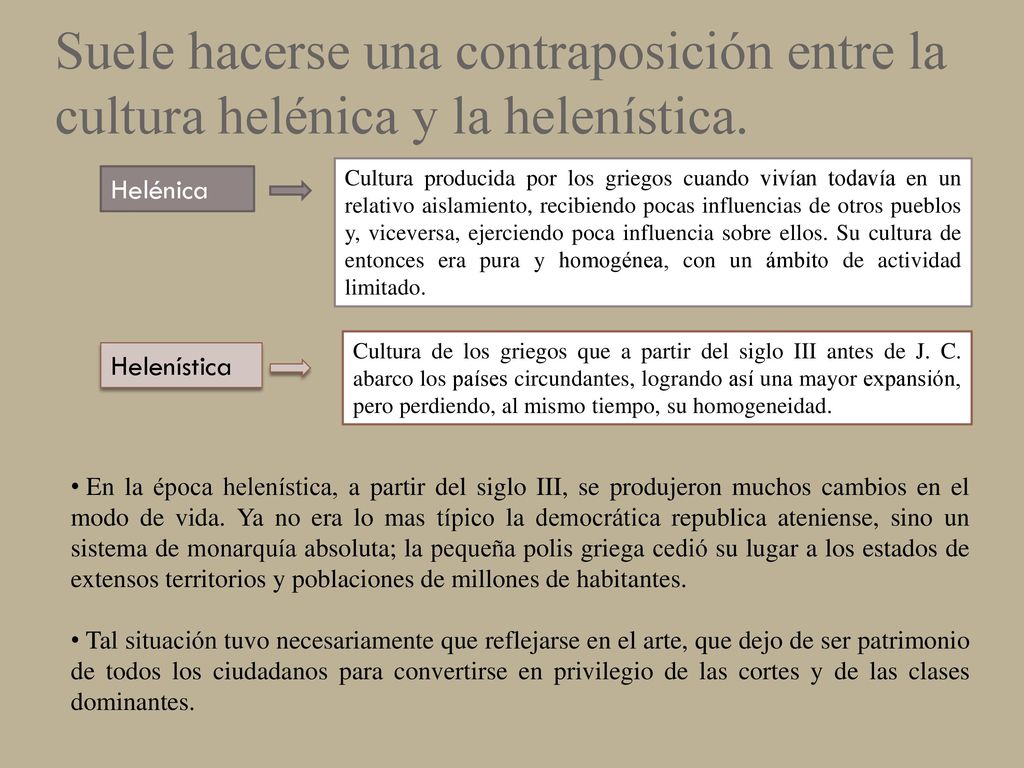 Suele hacerse una contraposición entre la cultura helénica y la helenística.