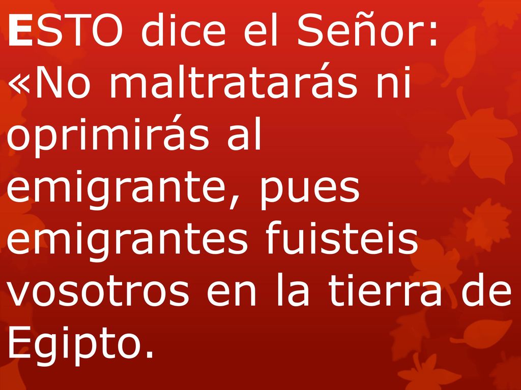 ESTO dice el Señor: «No maltratarás ni oprimirás al emigrante, pues emigrantes fuisteis vosotros en la tierra de Egipto.