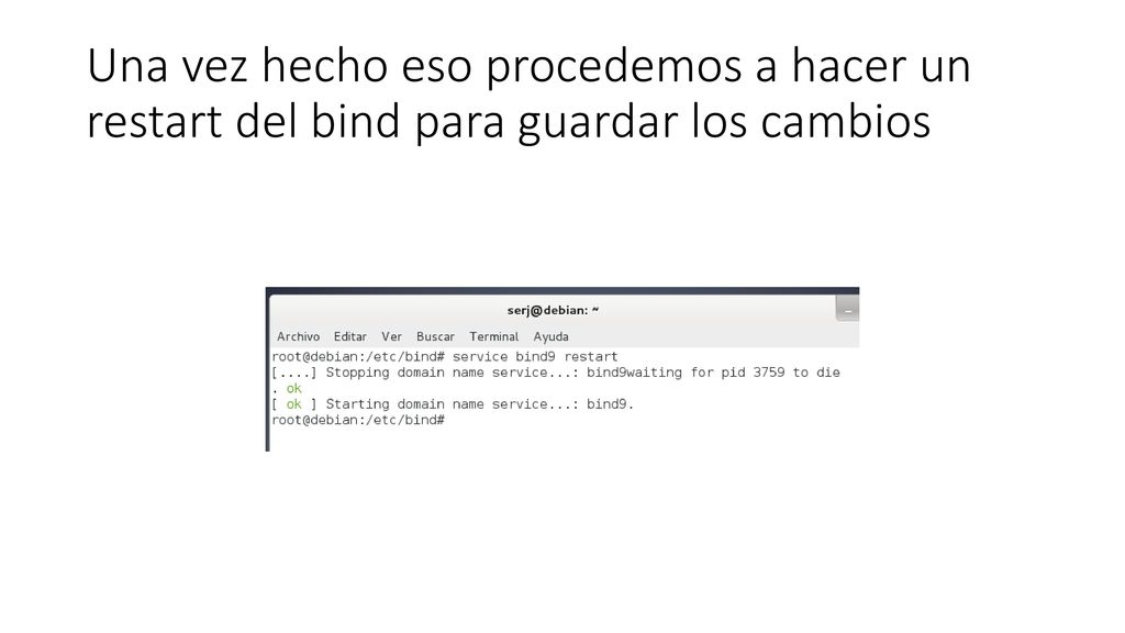 Una vez hecho eso procedemos a hacer un restart del bind para guardar los cambios