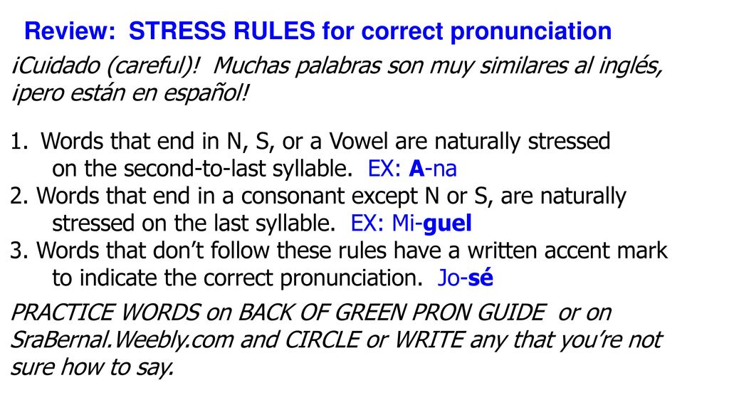 Review: STRESS RULES for correct pronunciation