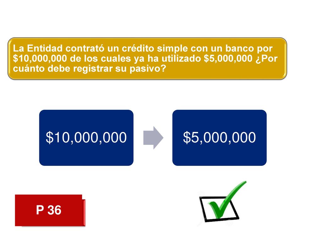 La Entidad contrató un crédito simple con un banco por $10,000,000 de los cuales ya ha utilizado $5,000,000 ¿Por cuánto debe registrar su pasivo