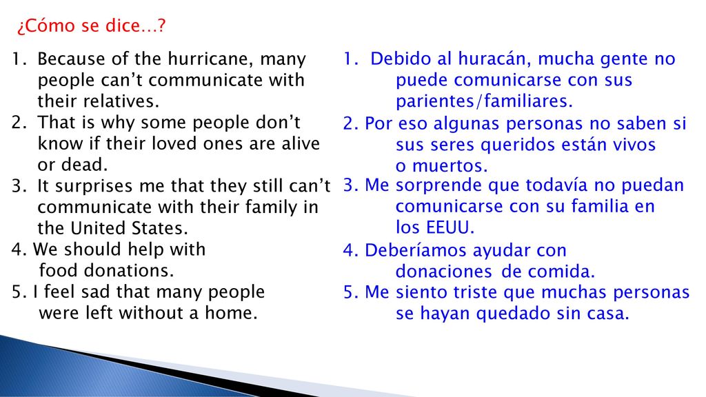 ¿Cómo se dice… Because of the hurricane, many people can’t communicate with their relatives.