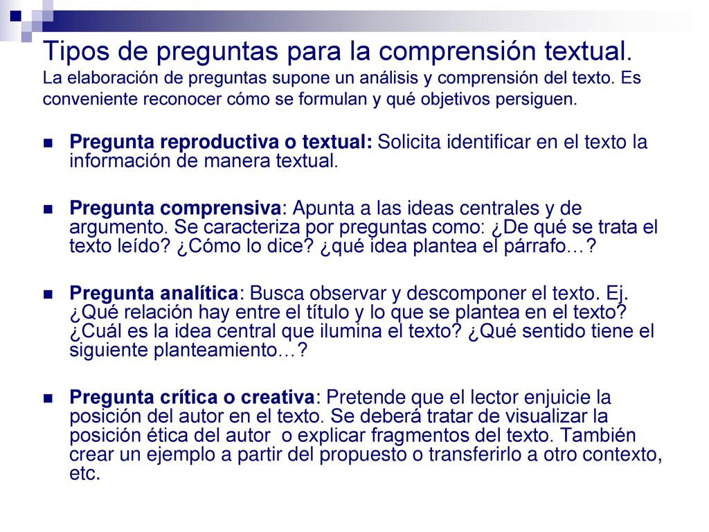 Tipos de preguntas para la comprensión textual