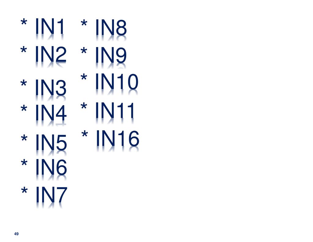* IN1 * IN8 * IN2 * IN9 * IN10 * IN3 * IN11 * IN4 * IN16 * IN5 * IN6 * IN7
