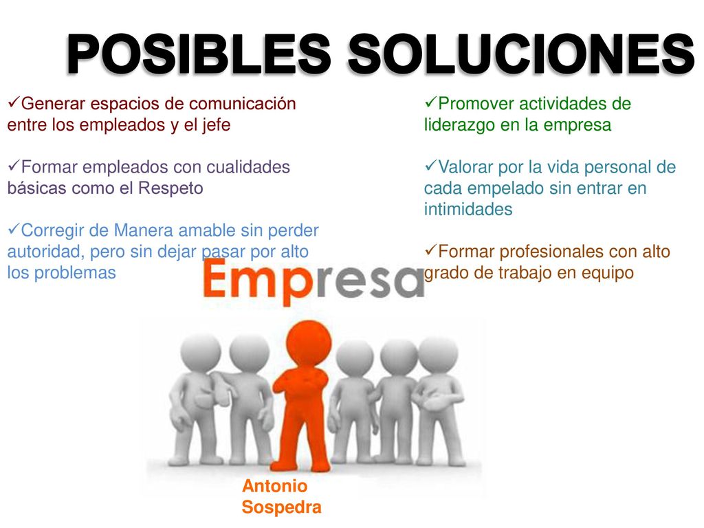 POSIBLES SOLUCIONES Generar espacios de comunicación entre los empleados y el jefe. Formar empleados con cualidades básicas como el Respeto.
