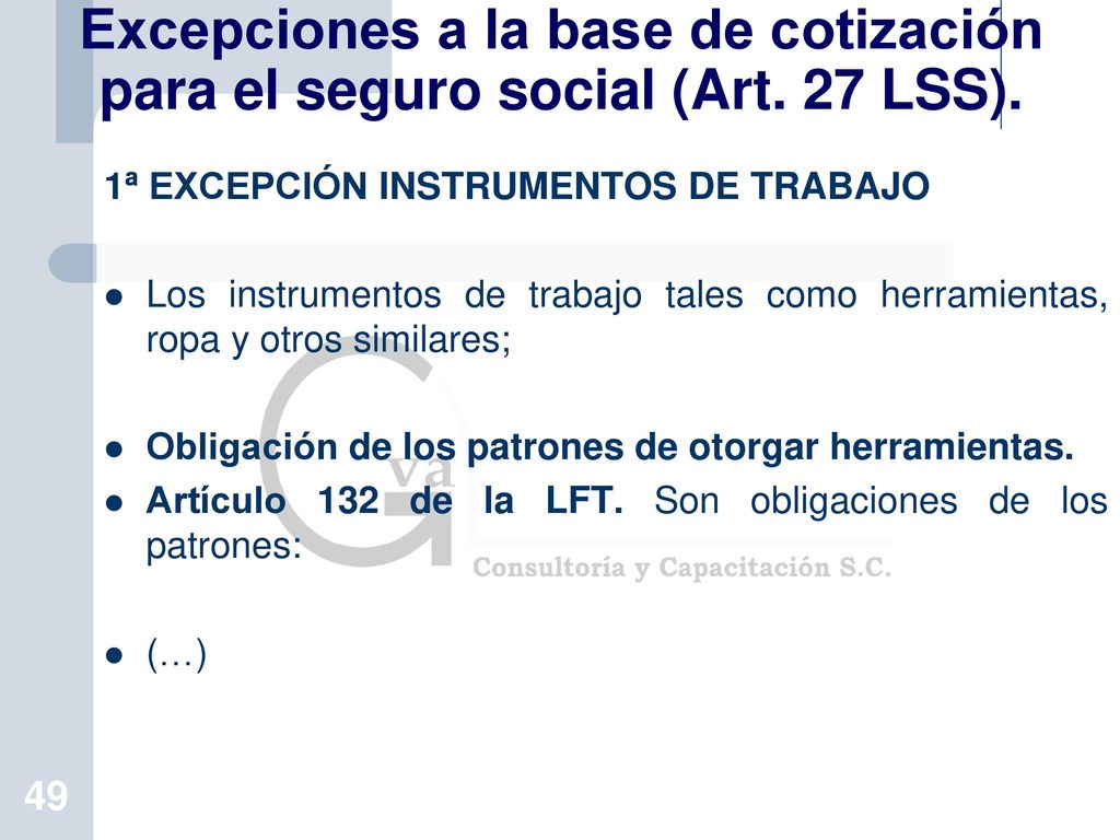 Excepciones a la base de cotización para el seguro social (Art. 27 LSS).