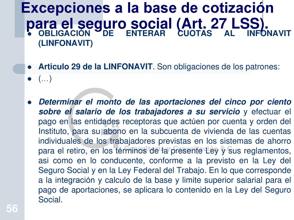 Excepciones a la base de cotización para el seguro social (Art. 27 LSS).