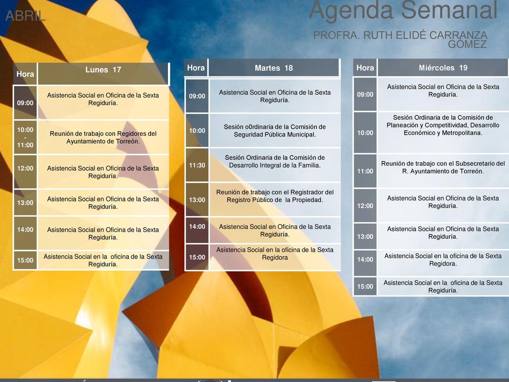 Agenda Semanal ABRIL Cabildo Torreón PROFRA. RUTH ELIDÉ CARRANZA GÓMEZ