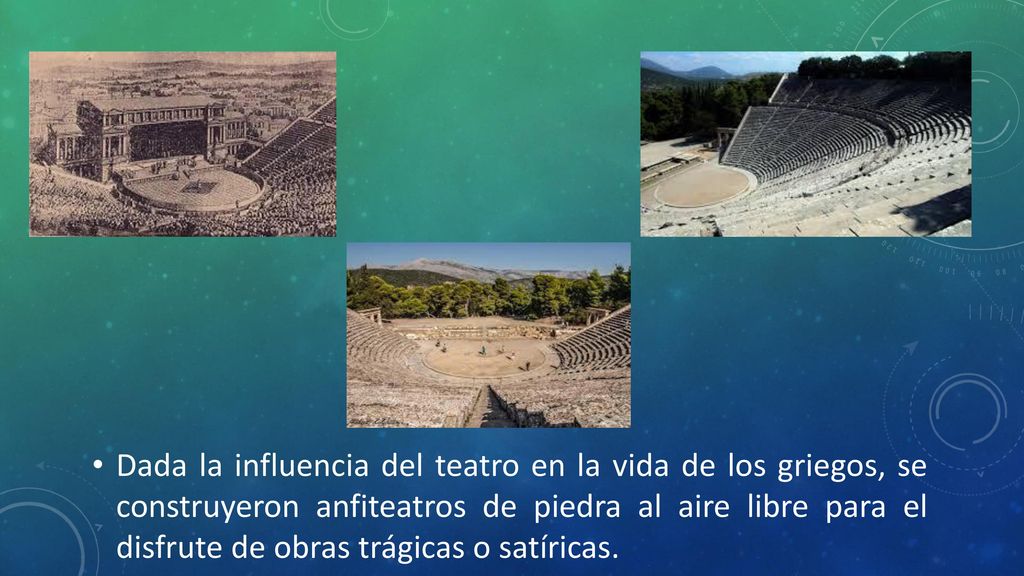 Dada la influencia del teatro en la vida de los griegos, se construyeron anfiteatros de piedra al aire libre para el disfrute de obras trágicas o satíricas.
